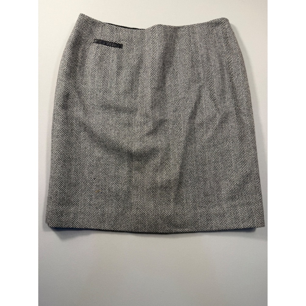 Talbots Petites Wool Herringbone Pencil Skirt Black White Leather Trim Size 14P